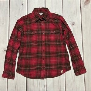 Carhart pink/brown plaid flannel long sleeve button down women's shirt size M